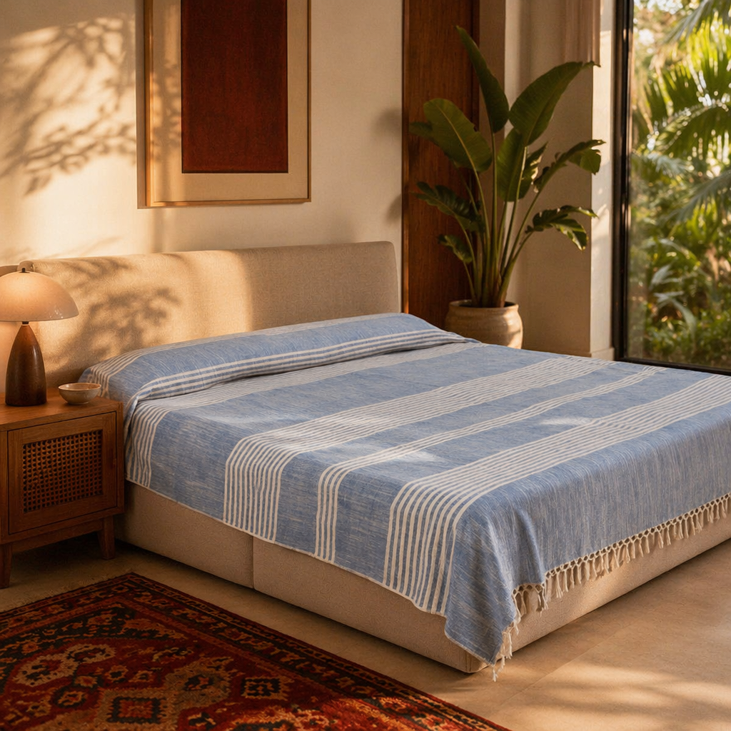 Royal Courtyards Blue Striped Handwoven Bed Cover, The Linen Room. Handmade in India by House of Taraasha.