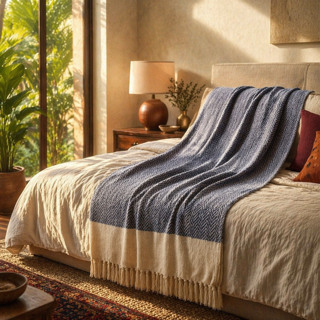 Chevron Blue Handwoven Pure Cotton Throw, The Linen Room. Handmade in India by House of Taraasha.