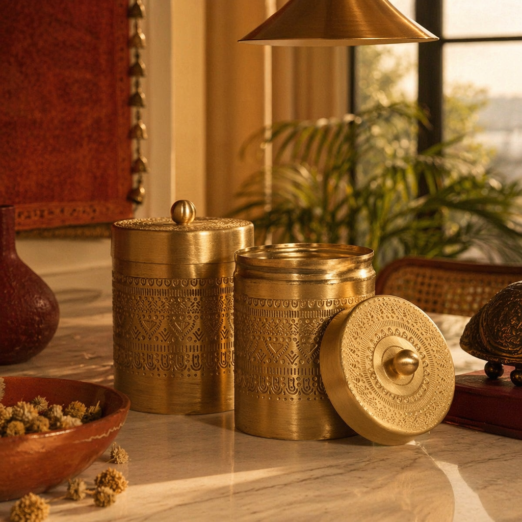 Moradabad Floral-Etched Pure Brass Dabba Pair, The Brass Atelier. Handmade in India by House of Taraasha.
