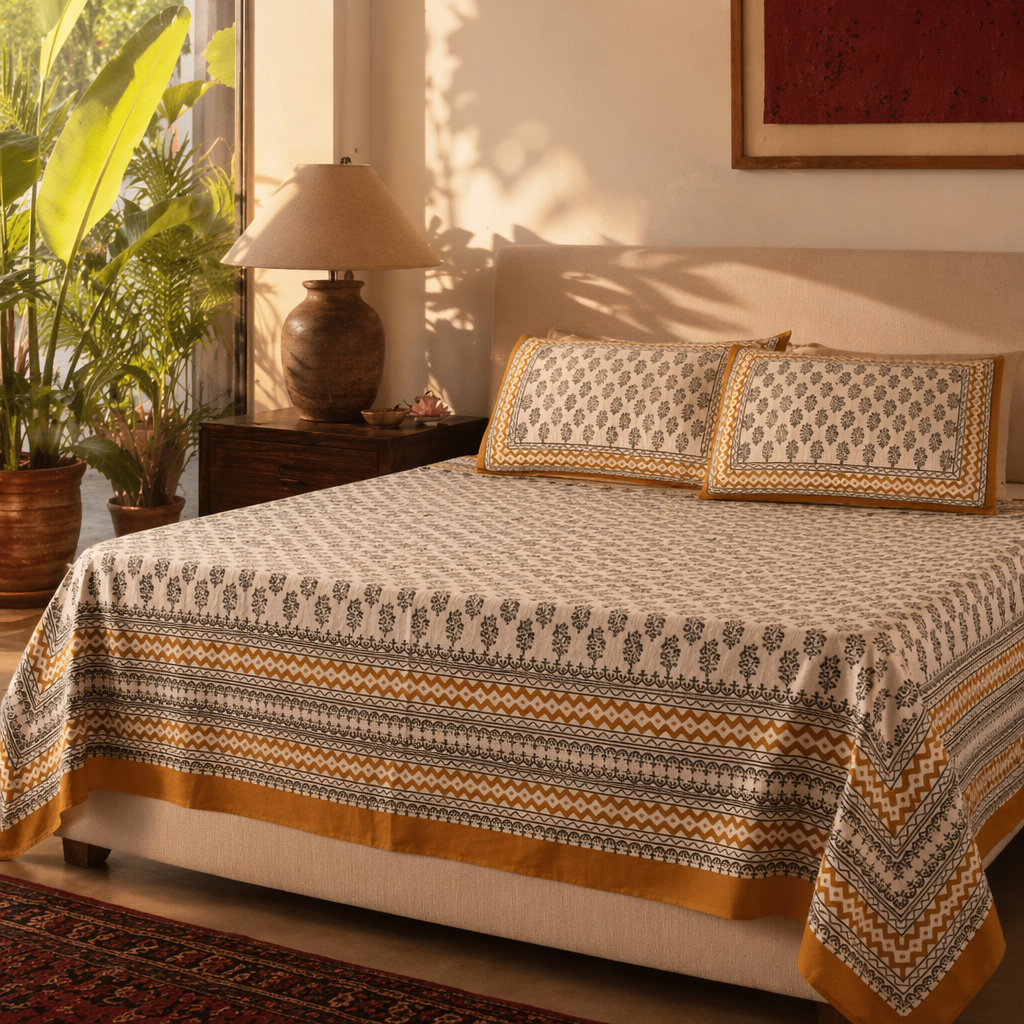 Mustard & Black Bagru Floral Bedsheet, The Linen Room. Handmade in India by House of Taraasha.