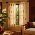 Marigold Block-Print Sheer Teal and Mustard Curtain, The Draped Window. Handmade in India by House of Taraasha.
