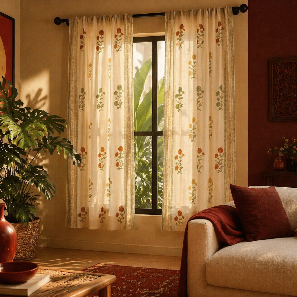 Marigold Block-Print Sheer Teal and Mustard Curtain, The Draped Window. Handmade in India by House of Taraasha.