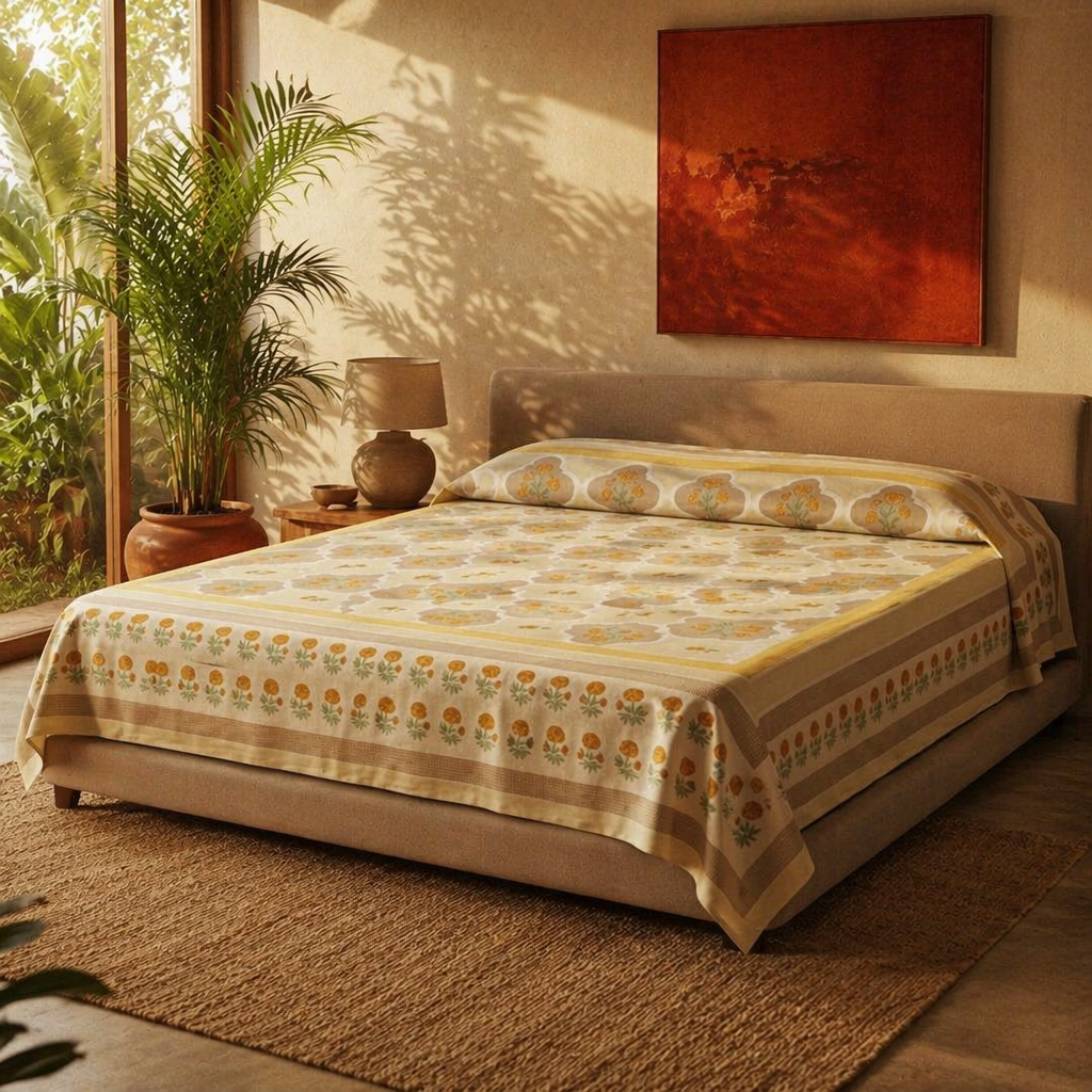 Jaali Ivory and Taupe Block-Printed Bed Cover, The Linen Room. Handmade in India by House of Taraasha.