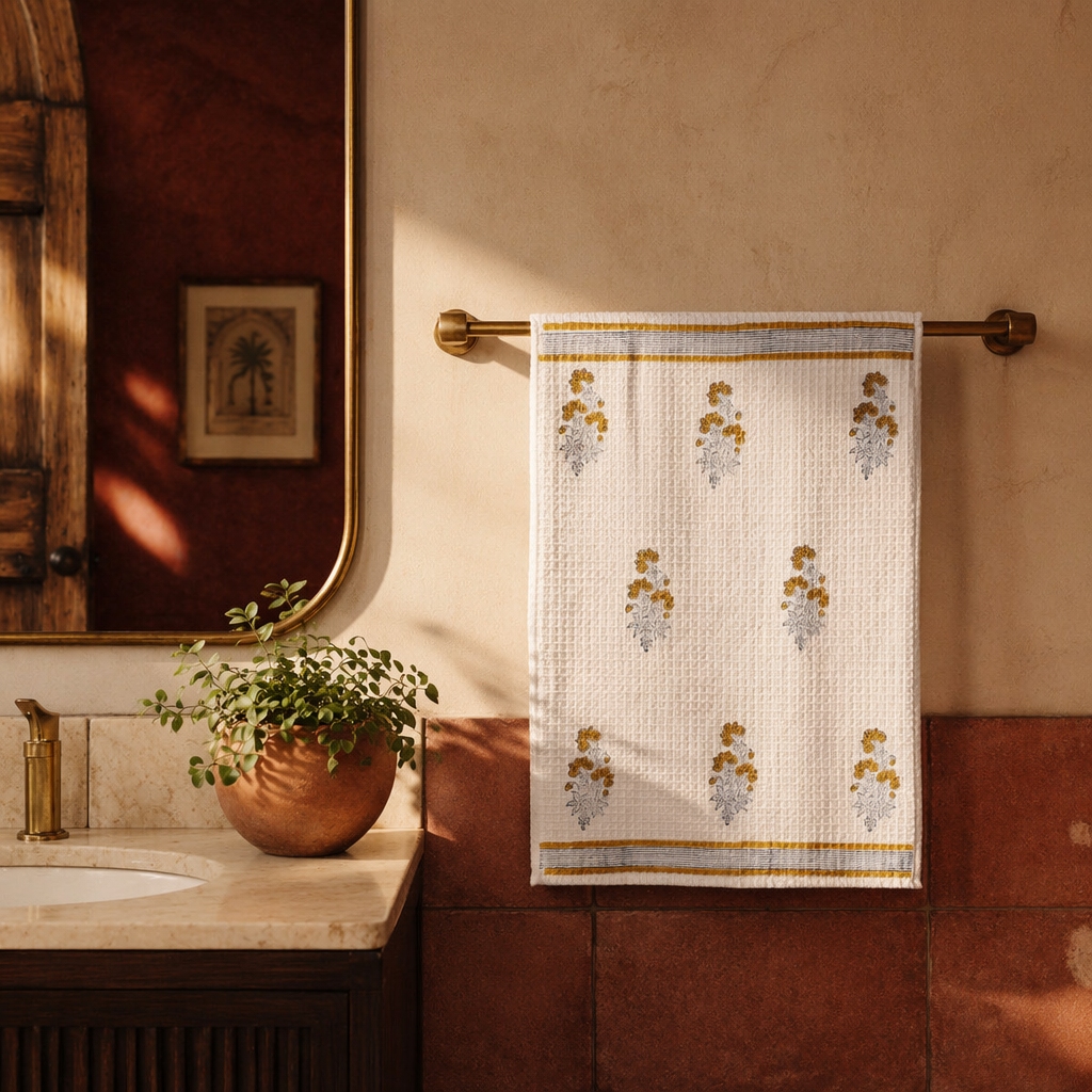 Yellow Floral Hand Block-Printed Cotton Hand Towel, The Linen Room. Handmade in India by House of Taraasha.