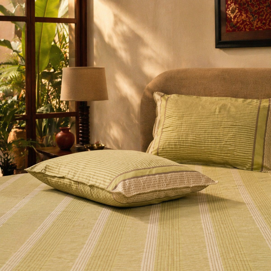 Sage Green & White Textured Sanganer Bedsheet, The Linen Room. Handmade in India by House of Taraasha.