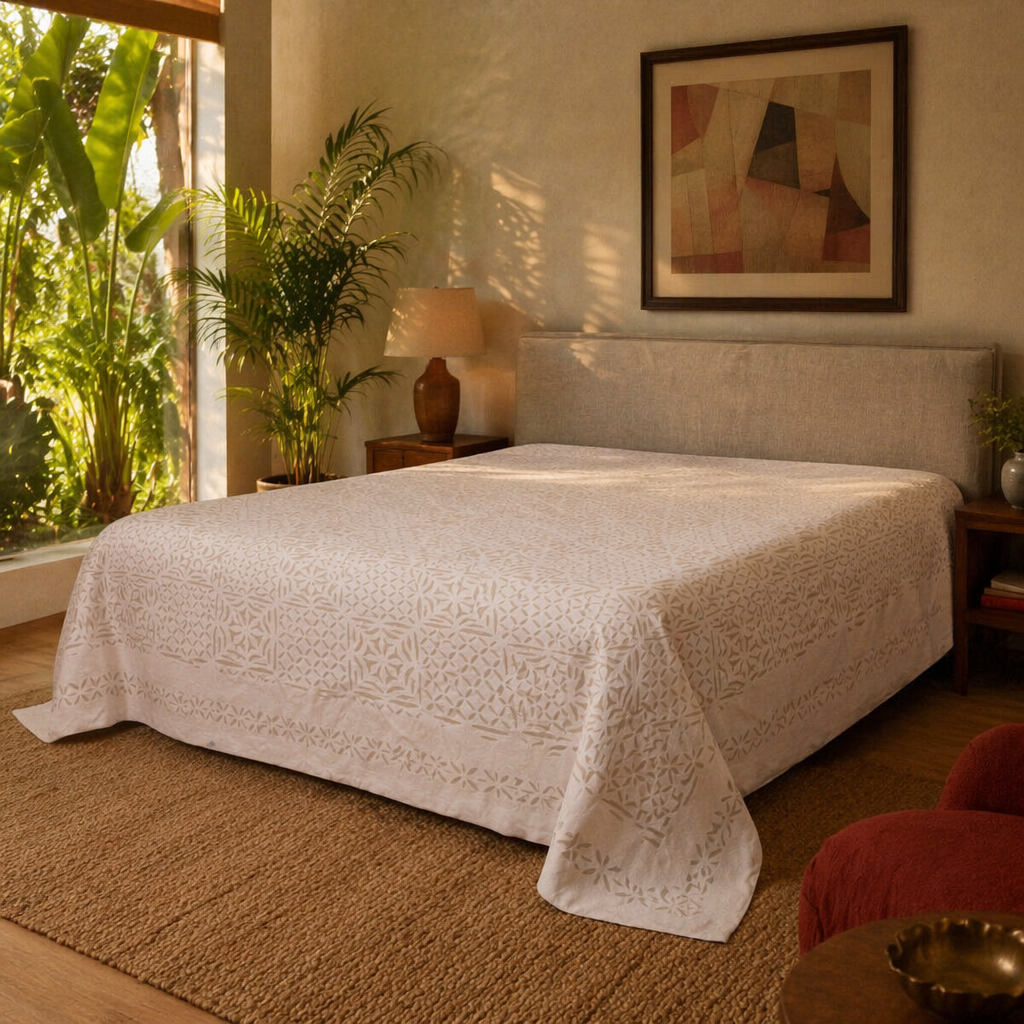 White Cutwork Appliqué Cotton Bed Cover, The Linen Room. Handmade in India by House of Taraasha.