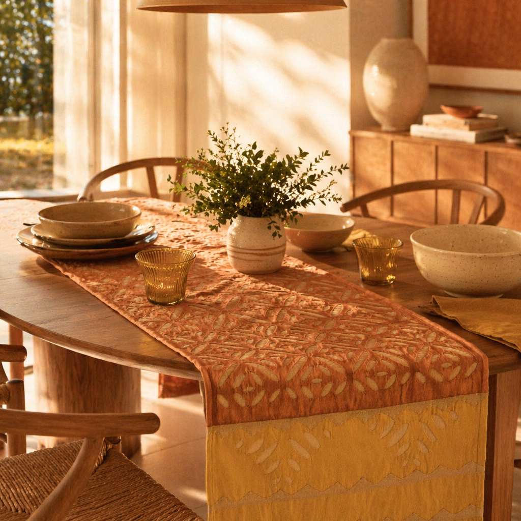Applique Cutwork Runner Coral and Mustard, The Gathered Table. Handmade in India by House of Taraasha.