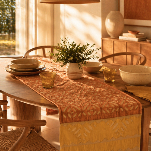 Applique Cutwork Runner Coral and Mustard, The Gathered Table. Handmade in India by House of Taraasha.