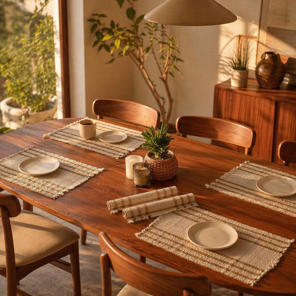 Off-White Madur Grass Table Mat, The Gathered Table. Handmade in India by House of Taraasha.