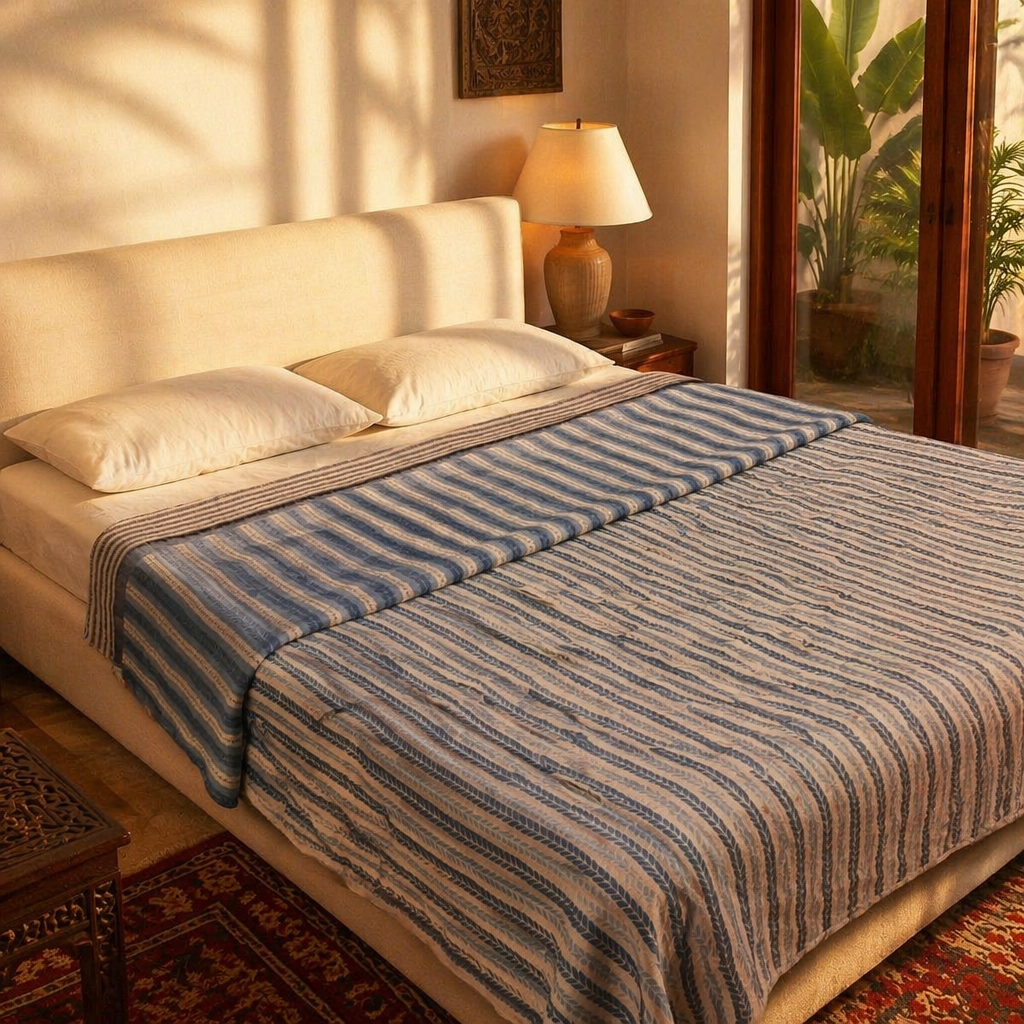 Blue Leafy Stripes Reversible Mulmul Quilt, The Linen Room. Handmade in India by House of Taraasha.
