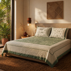 Teal & Off-White Jaipuri Marigold Bedsheet, The Linen Room. Handmade in India by House of Taraasha.