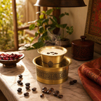 Kanjeevaram Etched Pure Brass Coffee Dabara Set, The Brass Atelier. Handmade in India by House of Taraasha.