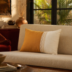Crochet-Flap Mustard and Off-White Rectangular Cushion Cover, The Living Room. Handmade in India by House of Taraasha.
