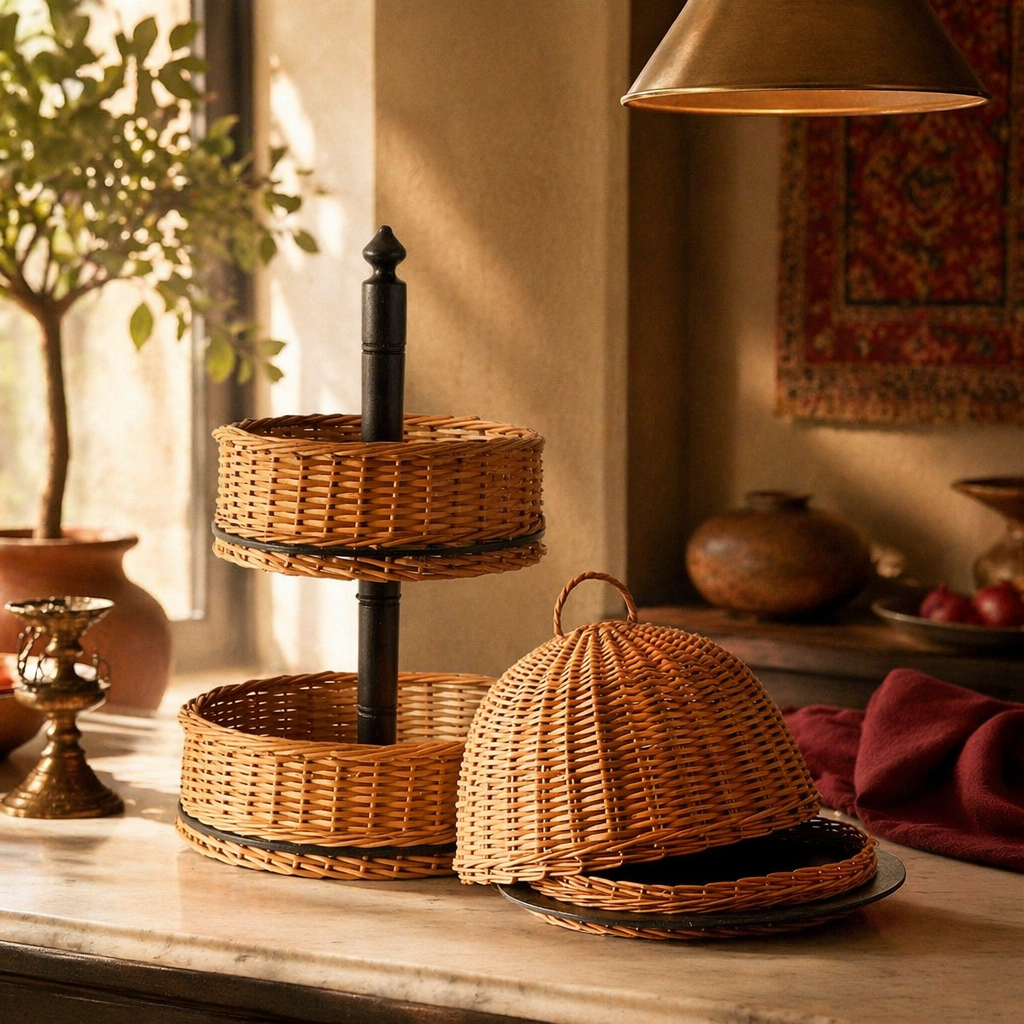Kashmiri Willow Wicker Cloche & Two-Tier Fruit Basket, The Wicker House. Handmade in India by House of Taraasha.
