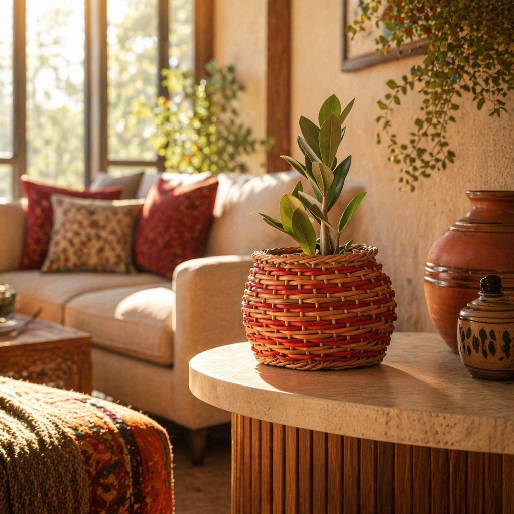 Willow Wicker Planter Trio Rust and Natural Brown, The Art Wall. Handmade in India by House of Taraasha.