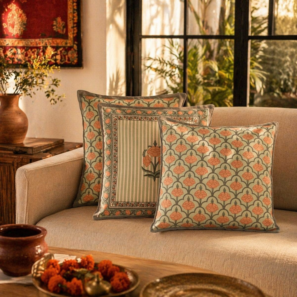 Jaali and Floral Green and Dusty Pink Cushion Cover Set of 5, The Living Room. Handmade in India by House of Taraasha.