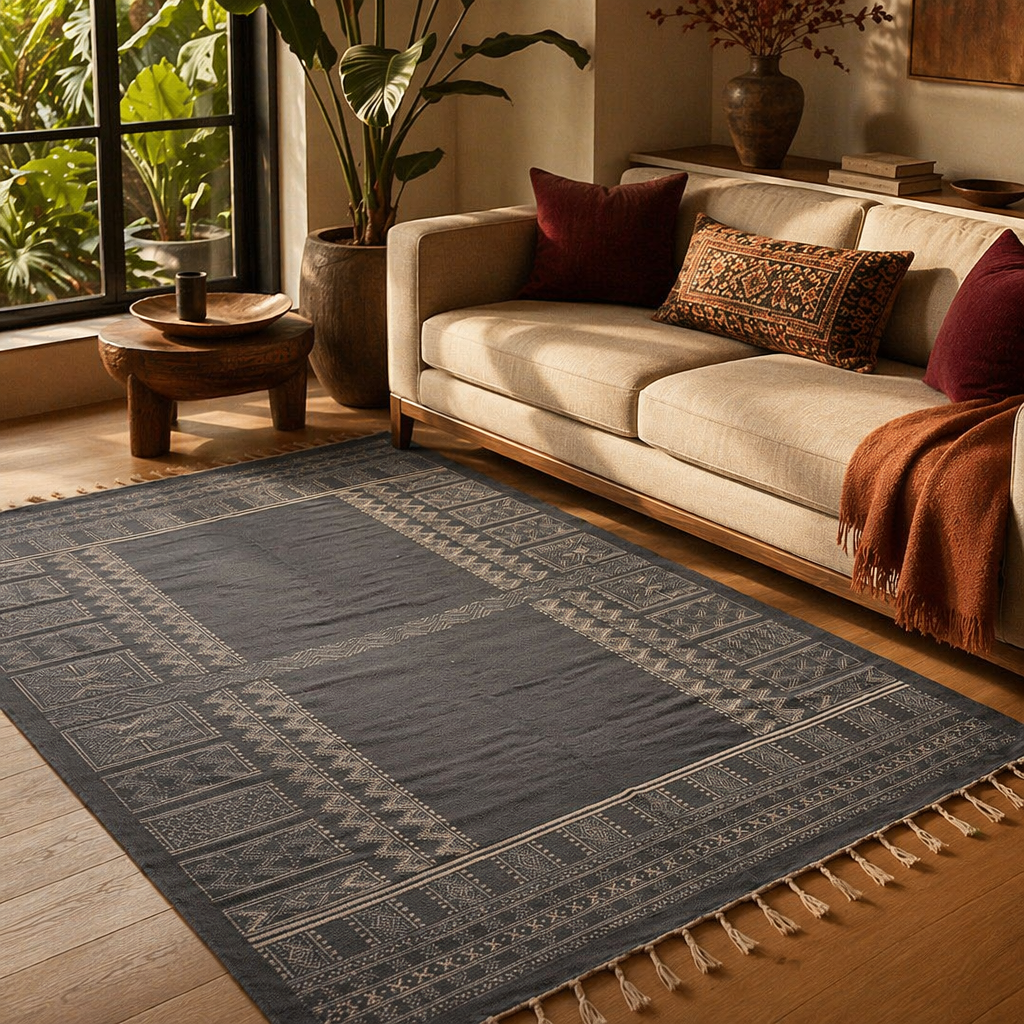 Jaipuri Grey Hand-Printed Cotton Floor Rug, The Woven Floor. Handmade in India by House of Taraasha.
