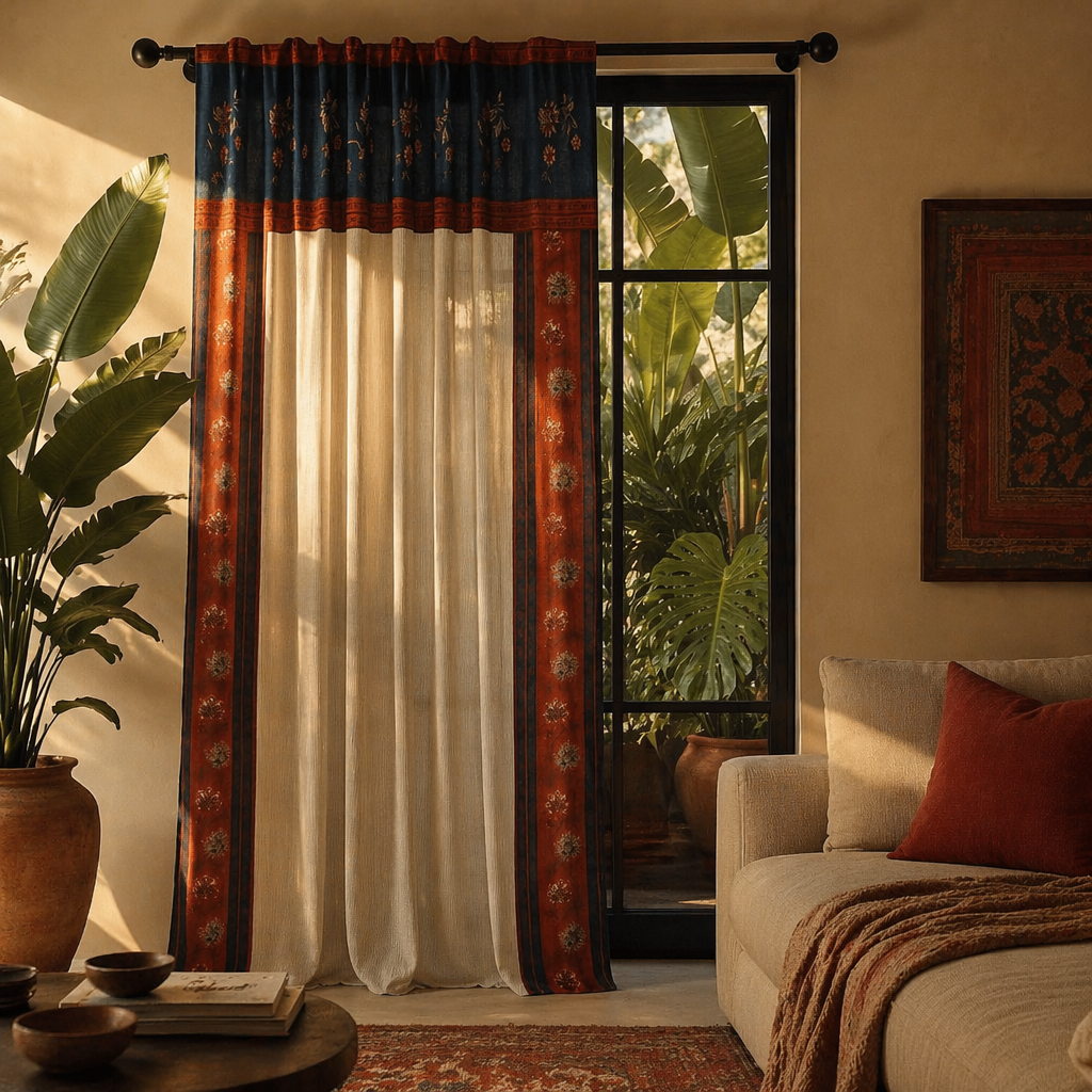 Vintage Chintz Ivory, Maroon and Navy Floral Stripe Curtain, The Draped Window. Handmade in India by House of Taraasha.