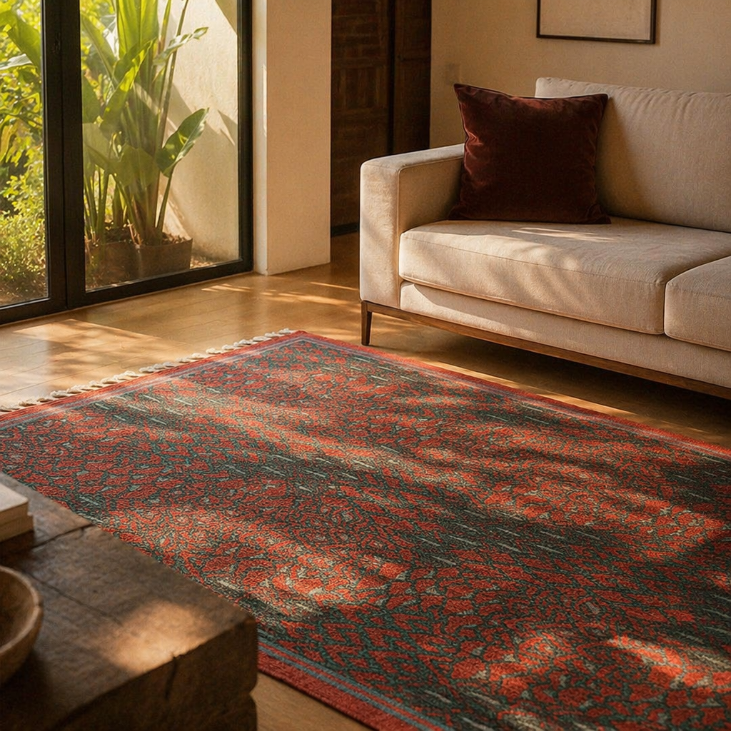 Maroon, Navy and Green Chintz Floral Block-Printed Cotton Rug, The Woven Floor. Handmade in India by House of Taraasha.