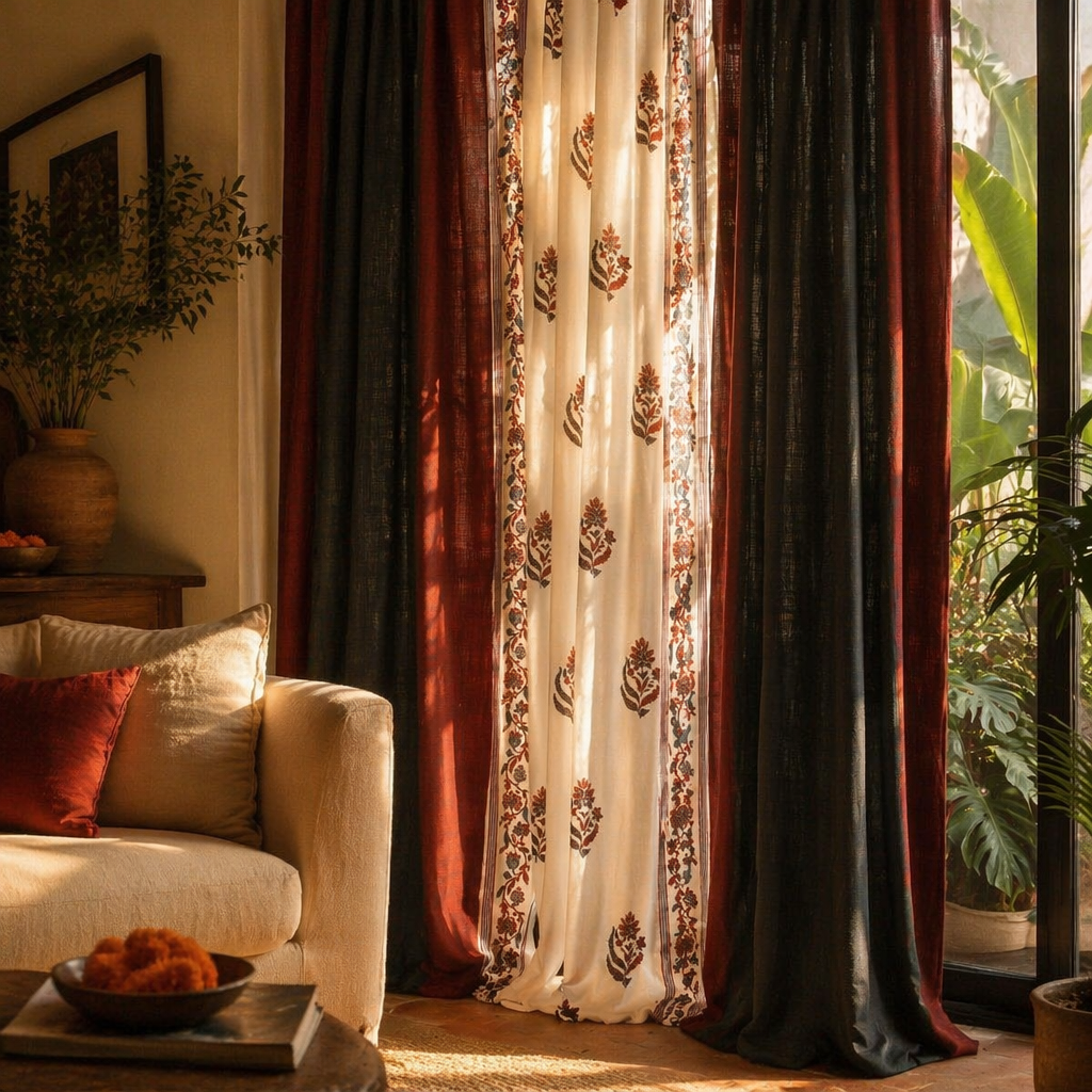 Handwoven & Chintz Sheer Off-White and Navy Curtain Set, The Draped Window. Handmade in India by House of Taraasha.