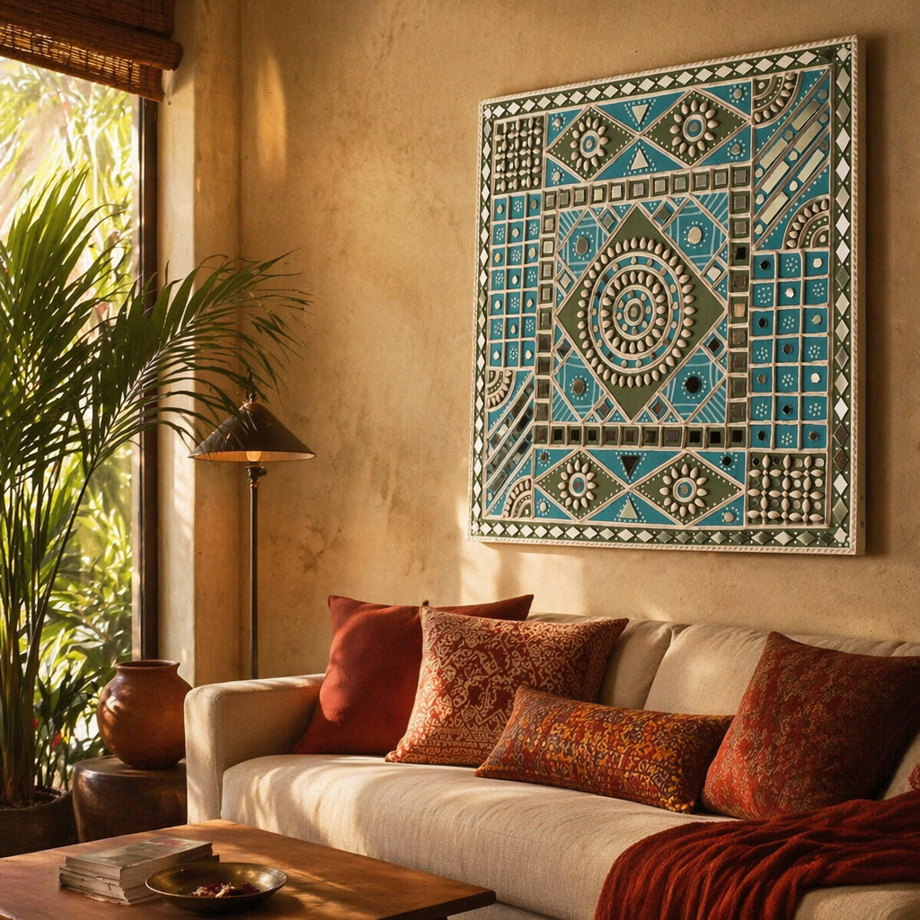 Ocean Blue Lippan Wall Hanging Kutch Mirror Work, The Art Wall. Handmade in India by House of Taraasha.