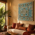 Ocean Blue Lippan Wall Hanging Kutch Mirror Work, The Art Wall. Handmade in India by House of Taraasha.