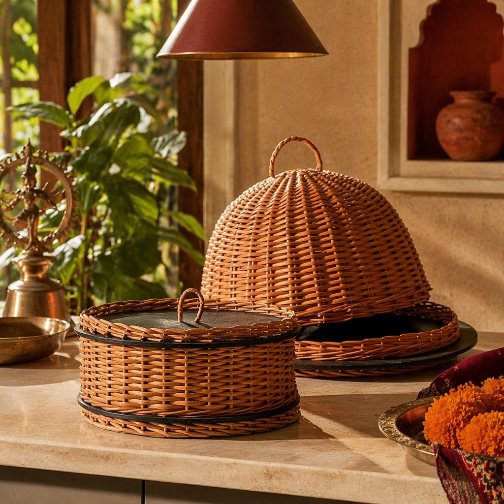 Kashmir Willow Storage Box & Cloche Platter, The Wicker House. Handmade in India by House of Taraasha.
