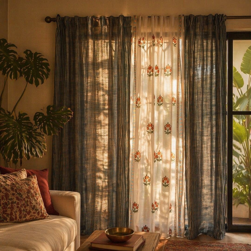 Royal Courtyards Green & Dusty Pink Woven-Sheer Set of Three, The Draped Window. Handmade in India by House of Taraasha.