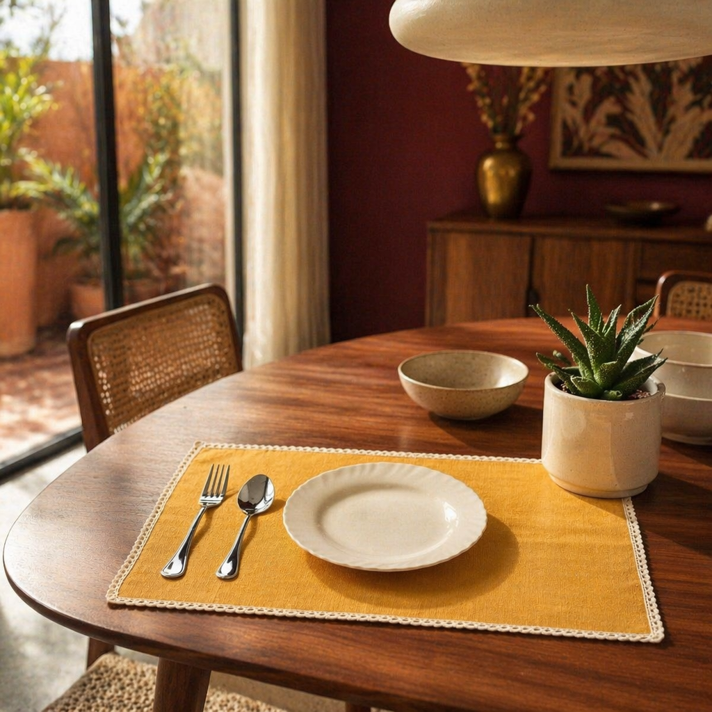 Crochet-Edged Table Mats Mustard and Off-White, The Gathered Table. Handmade in India by House of Taraasha.