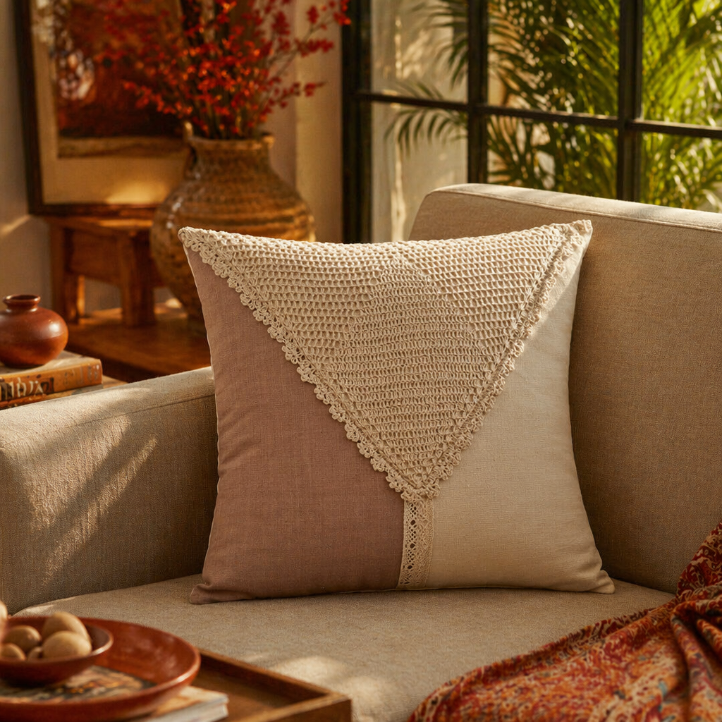 Taupe and Off White Crochet-Detailed Cotton Cushion Cover, The Living Room. Handmade in India by House of Taraasha.
