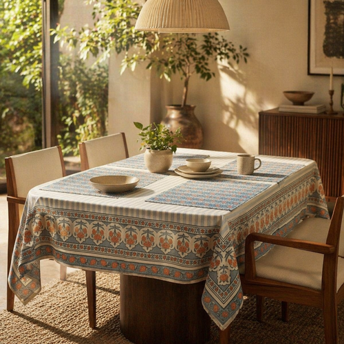 Blue & Dusty Pink Floral Cotton Tablecloth & Mat Set, The Gathered Table. Handmade in India by House of Taraasha.