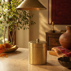 Moradabad Hammered Pure Brass Dabba, Medium, The Brass Atelier. Handmade in India by House of Taraasha.