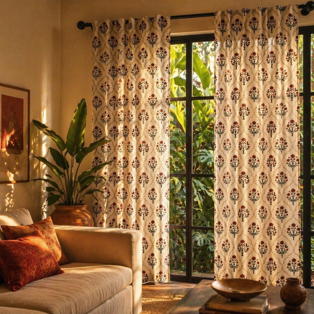 Rust and Maroon Ornate Floral Cotton Door Curtain, The Draped Window. Handmade in India by House of Taraasha.