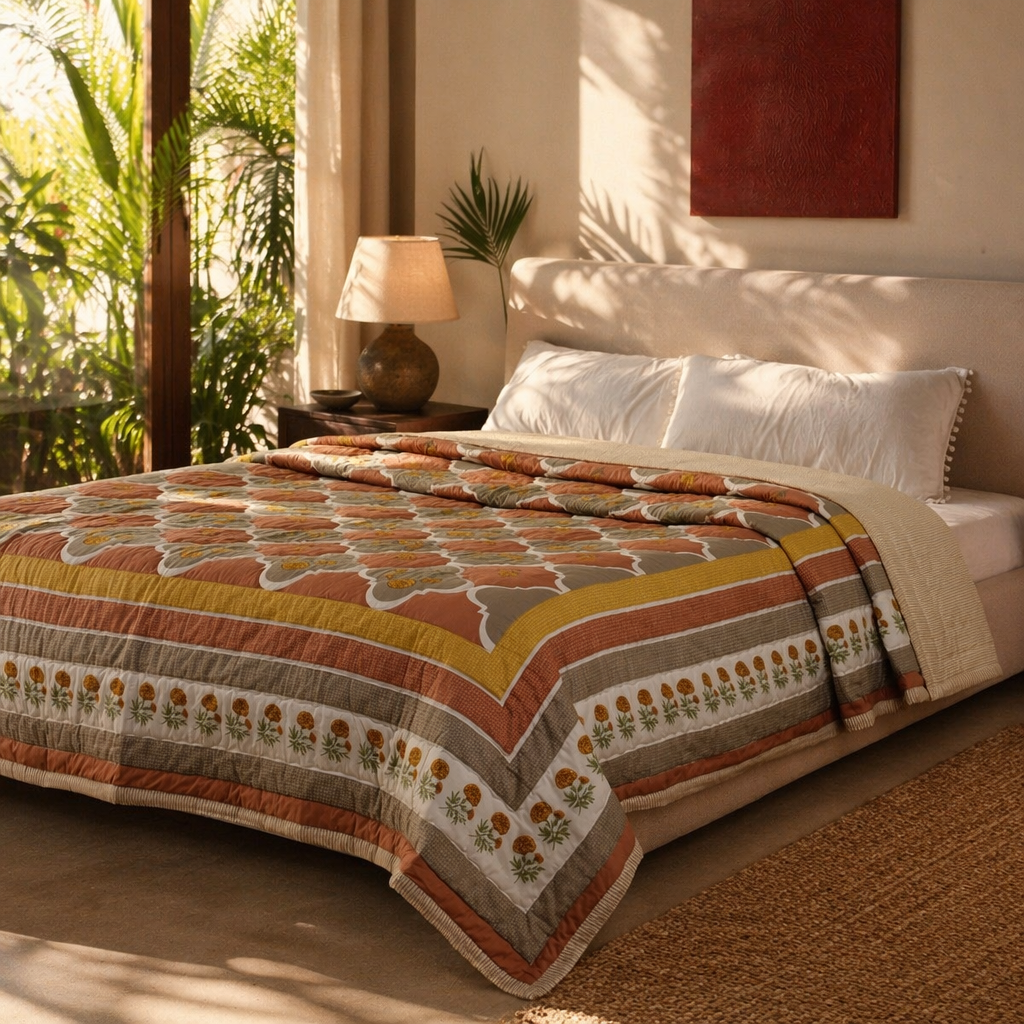 Rust & Taupe Marigold Cotton Quilt, The Linen Room. Handmade in India by House of Taraasha.