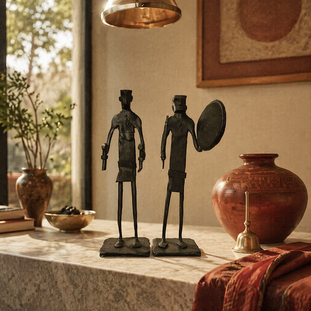 Bastar Wrought Iron Standing Musicians Duo, Tribal Stories. Handmade in India by House of Taraasha.