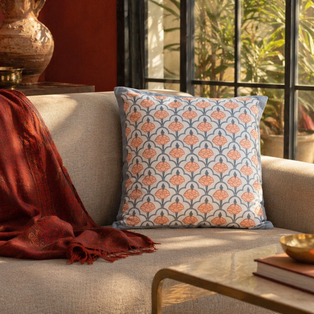 Jaali and Floral Blue and Dusty Pink Cushion Cover Set, The Living Room. Handmade in India by House of Taraasha.