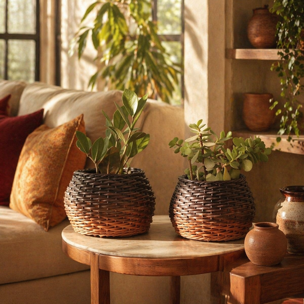 Indigo Ombre Kashmiri Willow Wicker Planters, The Art Wall. Handmade in India by House of Taraasha.