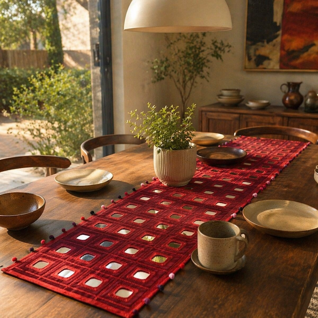 Lambani Mirrorwork Runner Maroon, The Gathered Table. Handmade in India by House of Taraasha.