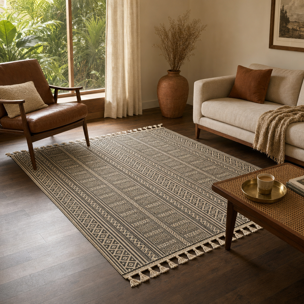 Monochrome Hand Block-Printed Black and White Floor Rug in a modern home