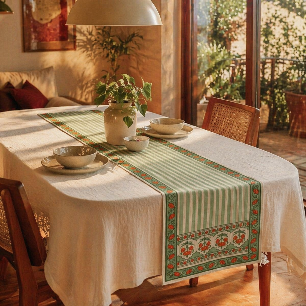 Royal Green & Pink Pure Cotton Table Runner, The Gathered Table. Handmade in India by House of Taraasha.