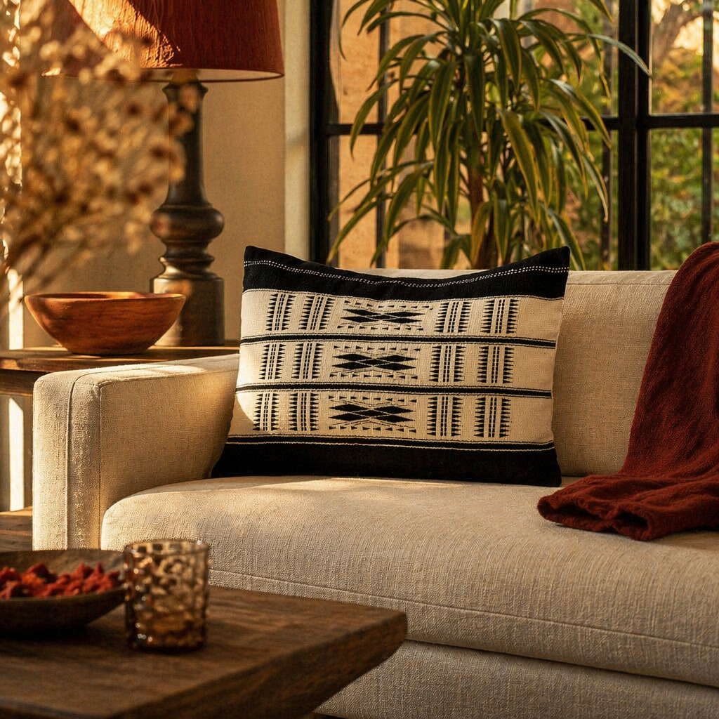 Naga Tribal Backstrap-Loom Rectangular Monochrome Cover, The Living Room. Handmade in India by House of Taraasha.