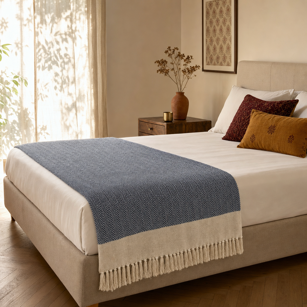 Chevron Blue Handwoven Pure Cotton Throw in a modern home