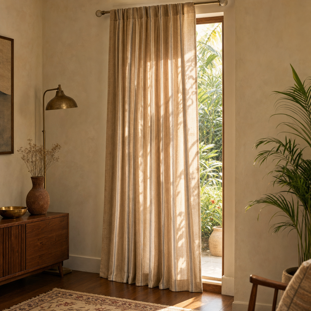 Handwoven Stripe Beige and Blue Cotton Curtain in a modern home