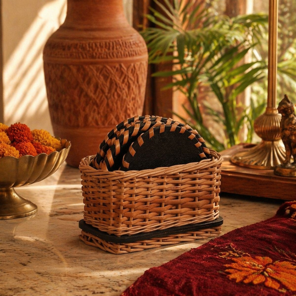 Willow Wicker Coaster Set Kashmir, with Holder, The Brass Atelier. Handmade in India by House of Taraasha.