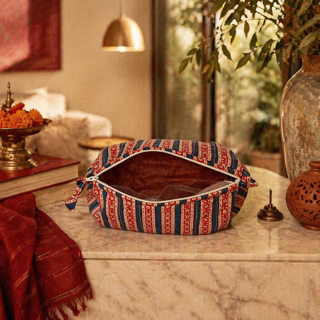Quilted Block-Print Pouch Red and Blue, Medium, The Gift Room. Handmade in India by House of Taraasha.