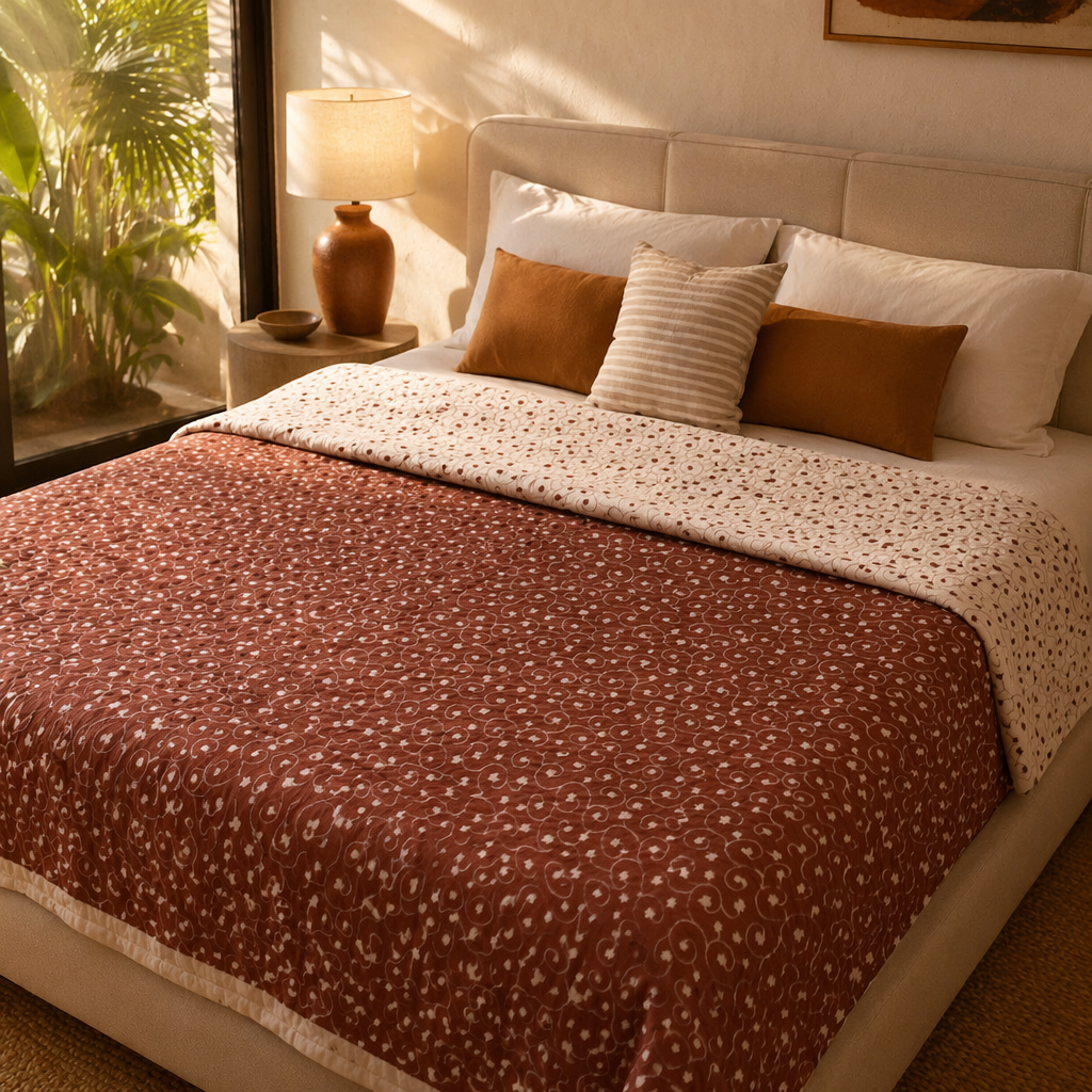 Rust and Off-White Royal Courtyards Reversible Quilt, The Linen Room. Handmade in India by House of Taraasha.