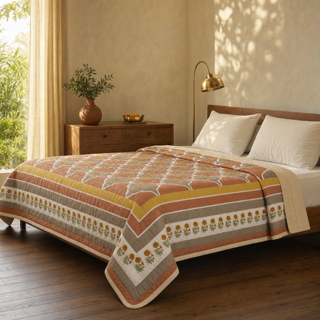 Rust & Taupe Marigold Cotton Quilt in a modern home