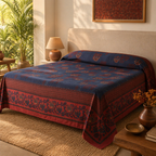 Chintz Navy Blue and Brick Red Bed Cover, The Linen Room. Handmade in India by House of Taraasha.