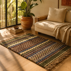 Punja-Woven Geometric Green Jute and Wool Rug, The Woven Floor. Handmade in India by House of Taraasha.