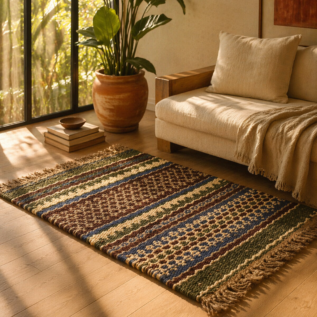 Punja-Woven Geometric Green Jute and Wool Rug, The Woven Floor. Handmade in India by House of Taraasha.
